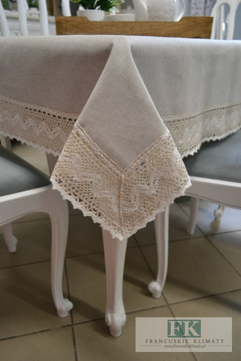 OBRUS ANITA SZARO-BEŻOWY 140X170 LEN BAWEŁNA KORONKA PROWANSJA SHABBY CHIC