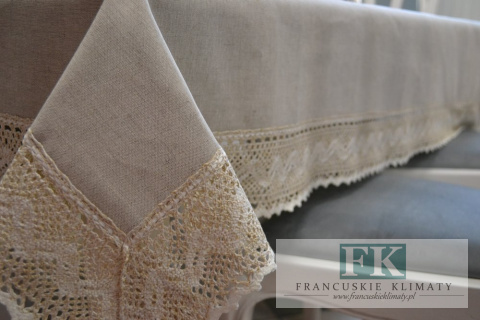 OBRUS ANITA SZARO-BEŻOWY 140X170 LEN BAWEŁNA KORONKA PROWANSJA SHABBY CHIC