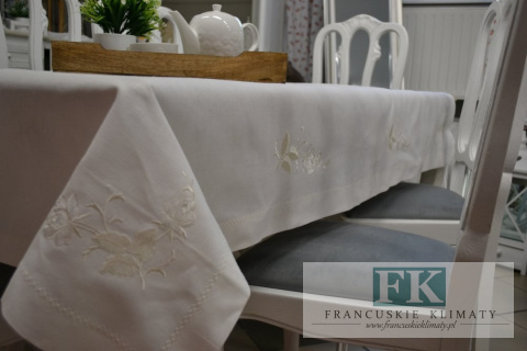 OBRUS RITA 140X220 ŁAMANA BIEL PROWANSJA SHABBY CHIC FRANCJA