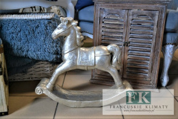 PIEKNY KOŃ NA BIEGUNACH WYS 46,5 CM SHABBY CHIC FRANCJA srebrny