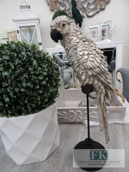 CUDOWNA FIGURA PAPUGA 36 cm na statywie w kolorze patynowanego , starego srebra