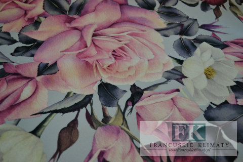 ! TKANINA MATERIAŁ SZER 150 CM PUDROWE RÓŻE NA ZASŁONY OBRUSY PODUSZKI
