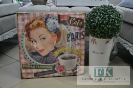 OBRAZ NA PŁÓTNIE DAMA Z KAWĄ 45X45 VINTAGE SHABBY CHIC FRANCJA