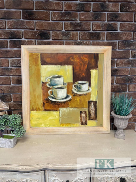 RĘCZNIE MALOWANY OBRAZ W DREWNIANE RAMIE 71x71 FILIŻANKI KAWY