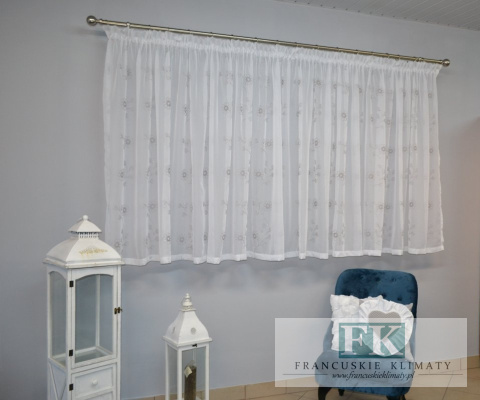 FIRANA HAFTOWANA , woal BIEL haft SREBRNO-SZARY , PROWANSJA , SHABBY , VINTAGE , RETRO