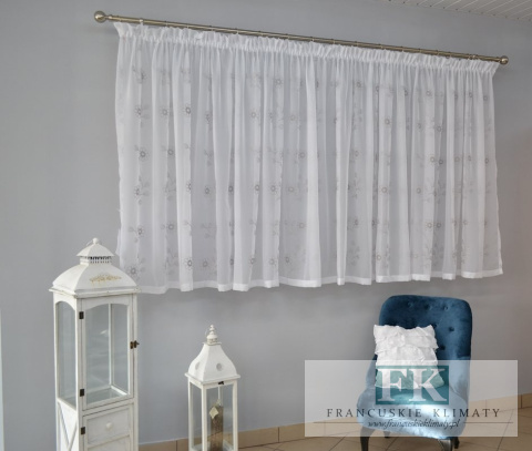 FIRANA HAFTOWANA , woal BIEL haft SREBRNO-SZARY , PROWANSJA , SHABBY , VINTAGE , RETRO