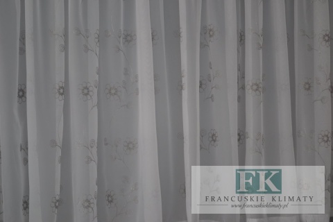 FIRANA HAFTOWANA , woal BIEL haft SREBRNO-SZARY , PROWANSJA , SHABBY , VINTAGE , RETRO