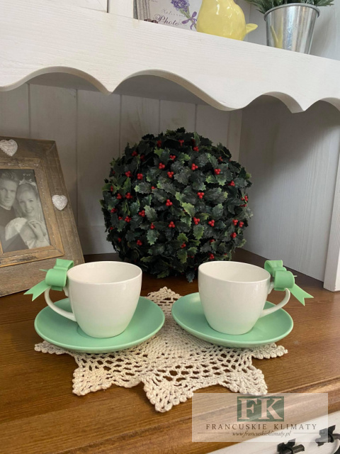 KOMPLET KPL FILIŻANEK ZIELONE KOKARDKI ZE SPODKIEM