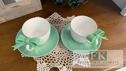 KOMPLET KPL FILIŻANEK ZIELONE KOKARDKI ZE SPODKIEM