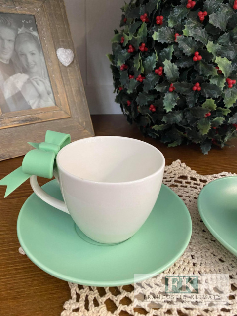 KOMPLET KPL FILIŻANEK ZIELONE KOKARDKI ZE SPODKIEM