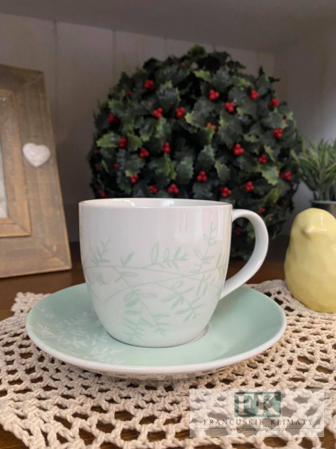 PORCELANOWA FILIŻANKA BIEL-MIĘTA POJ. 250 ML ZE SPODKIEM LISTKI