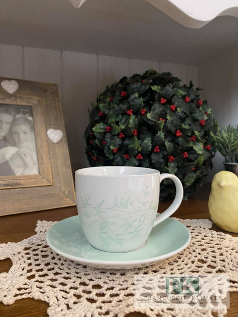 PORCELANOWA FILIŻANKA BIEL-MIĘTA POJ. 250 ML ZE SPODKIEM LISTKI