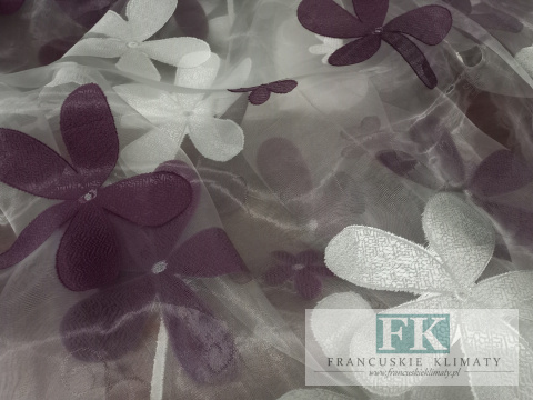 TKANINA MATERIAŁ ORGANZA KWIATY SZER 280 FIOLET - ŁAMANA BIEL TKANINA MATERIAŁ ORGANZA KWIATY SZER 280 FIOLET - ŁAMANA BIEL