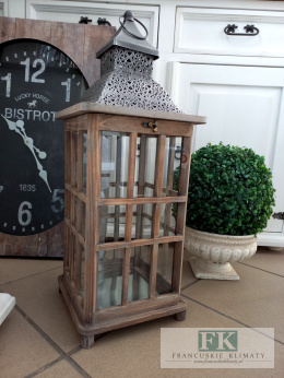 WSPANIAŁA DREWNIANA LATARNIA-LAMPION 60 CM W STYLU FRANCUSKIM, SHABBY, PROWANSJA.