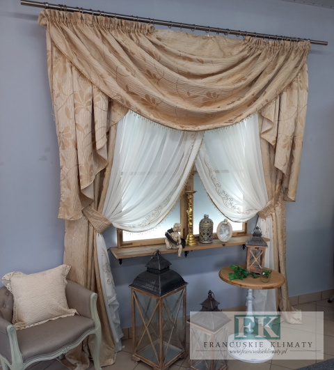 KOMPLET Z KRYSZTAŁAMI ! FIRANA + ZASŁONY + LAMBREKIN PROWANSJA , SHABBY , VINTAGE + KOMPLET Z KRYSZTAŁAMI ! FIRANA + ZASŁONY + LAMBREKIN PROWANSJA , SHABBY , VINTAGE +