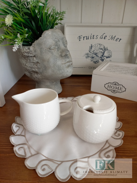 KOLEKCJA WHITE DROP KPL. CUKIERNICA+MLECZNIK wys. 9 cmstyl francuski, shabby, vintage