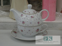 KOLEKCJA PINK FLOWERS KPL. IMBRYK Z FILIŻANKĄ I SPODKIEM poj. 450 ml styl francuski, shabby, vintage