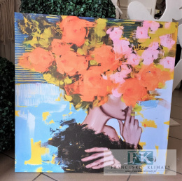 OBRAZ NA PŁÓTNIE 60X60 cm POMARAŃCZOWE KWIATY WE WŁOSACH