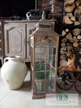 DREWNIANA LATARNIA-LAMPION 98 CM W KOLORZE BRĄZOWYM, W STYLU FRANCUSKIM, SHABBY, PROWANSJA. 