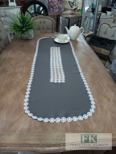 BIEŻNIK GIPIURA 120/ 50 CM SZARY z BIAŁĄ GIPIURĄ PROWANSJA SHABBY CHIC VINTAGE BIEŻNIK GIPIURA 120/ 50 CM SZARY z BIAŁĄ GIPIURĄ PROWANSJA SHABBY CHIC VINTAGE