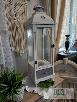 WSPANIAŁA DREWNIANA LATARNIA-LAMPION duża 84 CM W STYLU FRANCUSKIM, SHABBY, PROWANSJA.