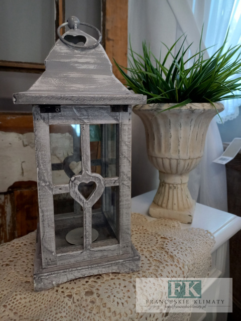 CUDOWNA SZARA LATARNIA, LAMPION SERCA DREWNO 38 cm MAŁA FRANCJA , SHABBY