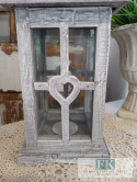 CUDOWNA SZARA LATARNIA, LAMPION SERCA DREWNO 38 cm MAŁA FRANCJA , SHABBY