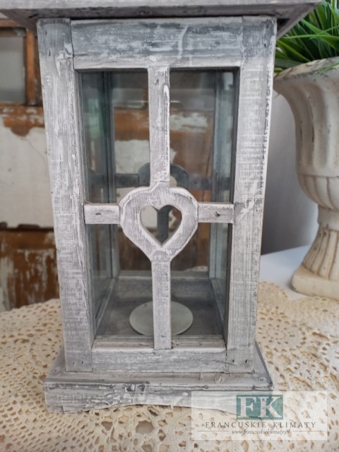 CUDOWNA SZARA LATARNIA, LAMPION SERCA DREWNO 38 cm MAŁA FRANCJA , SHABBY