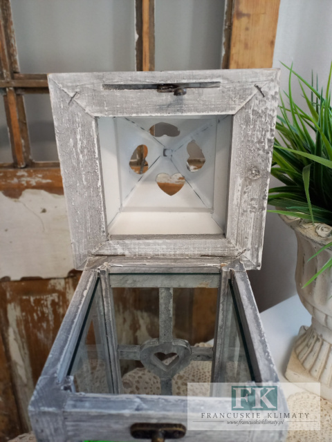 CUDOWNA SZARA LATARNIA, LAMPION SERCA DREWNO 38 cm MAŁA FRANCJA , SHABBY