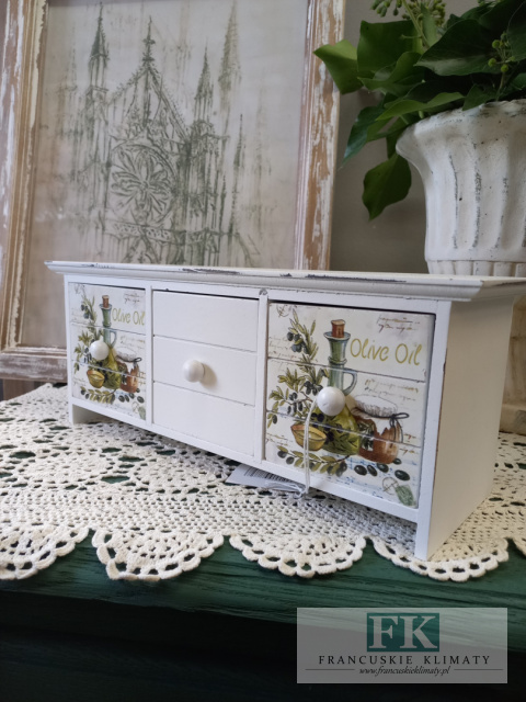 KŁ. PUDEŁKO KOMÓDKA OLIVE OIL 33X11 cm shabby , prowansja , vintage KŁ. PUDEŁKO KOMÓDKA OLIVE OIL 33X11 cm shabby , prowansja , vintage