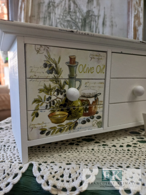KŁ. PUDEŁKO KOMÓDKA OLIVE OIL 33X11 cm shabby , prowansja , vintage KŁ. PUDEŁKO KOMÓDKA OLIVE OIL 33X11 cm shabby , prowansja , vintage