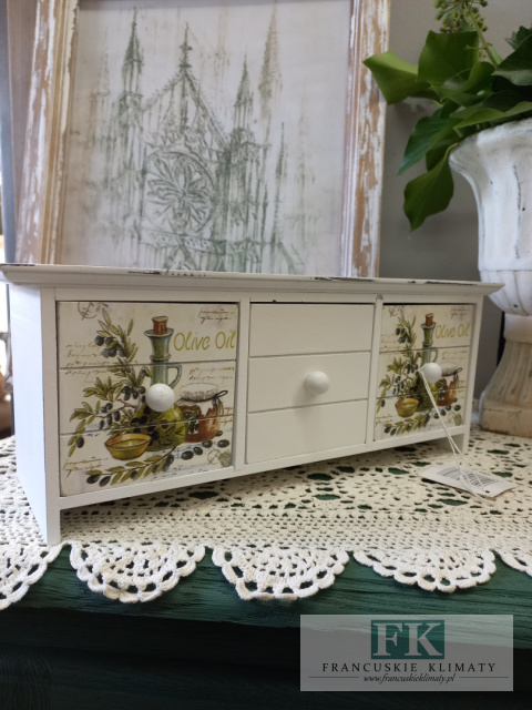 KŁ. PUDEŁKO KOMÓDKA OLIVE OIL 33X11 cm shabby , prowansja , vintage KŁ. PUDEŁKO KOMÓDKA OLIVE OIL 33X11 cm shabby , prowansja , vintage