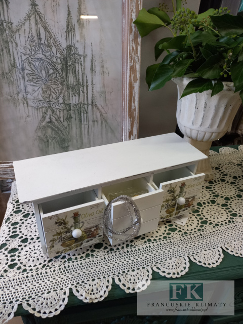 KŁ. PUDEŁKO KOMÓDKA OLIVE OIL 33X11 cm shabby , prowansja , vintage KŁ. PUDEŁKO KOMÓDKA OLIVE OIL 33X11 cm shabby , prowansja , vintage