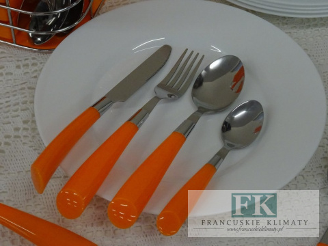 KOLEKCJA RAINBOW POMARAŃCZOWY KPL. SZTUĆCÓW W STOJAKU 24el. styl shabby, vintage KOLEKCJA RAINBOW POMARAŃCZOWY KPL. SZTUĆCÓW W STOJAKU 24el. styl shabby, vintage