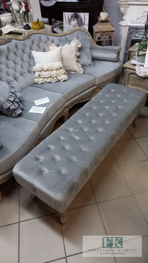 FRANCJA ŁAWKA - SIEDZISKO 143x44 PUF pikowane plusz antyczne drewno FRANCJA ŁAWKA - SIEDZISKO 143x44 PUF pikowane plusz antyczne drewno