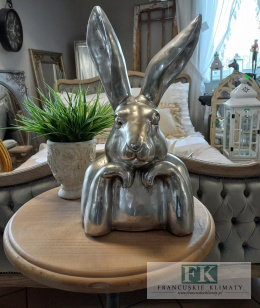 WIELKA CERAMICZNA FIGURA KRÓLIK ZAJĄC 49 CM SREBRNY