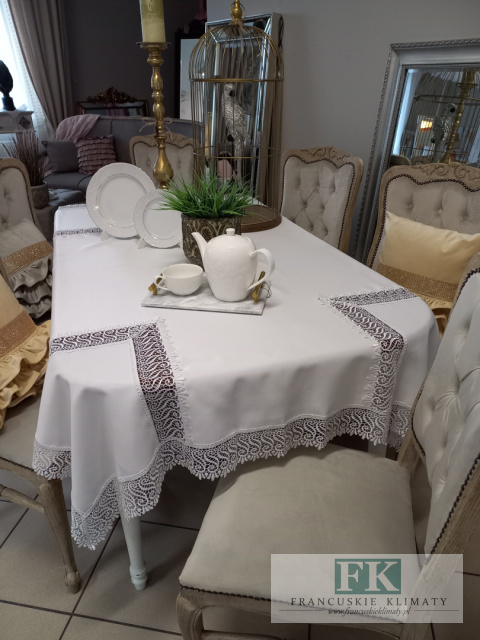 OBRUS 140/180 BIEL GIPIURA , GLAMOUR SHABBY CHIC