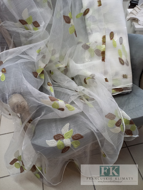 TKANINA MATERIAŁ ORGANZA KRESZOWANA LISTKI ZIELEŃ BRĄZ 270 CM TKANINA MATERIAŁ ORGANZA KRESZOWANA LISTKI ZIELEŃ BRĄZ 270 CM