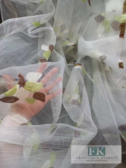 TKANINA MATERIAŁ ORGANZA KRESZOWANA LISTKI ZIELEŃ BRĄZ 270 CM TKANINA MATERIAŁ ORGANZA KRESZOWANA LISTKI ZIELEŃ BRĄZ 270 CM