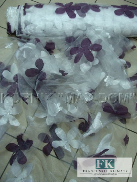 TKANINA MATERIAŁ ORGANZA KWIATY SZER 280 FIOLET - ŁAMANA BIEL TKANINA MATERIAŁ ORGANZA KWIATY SZER 280 FIOLET - ŁAMANA BIEL