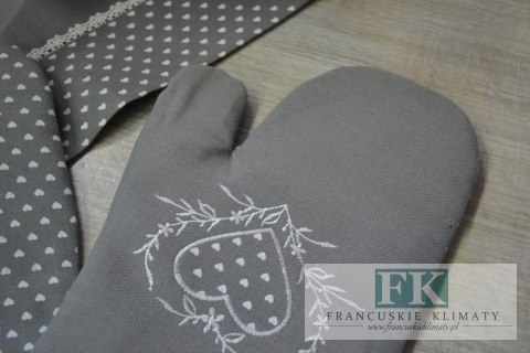 RĘKAWICZKI KUCHENNE PRAWA LEWA 2 SZT SZARE SERCE SHABBY CHIC VITAGE LOFT PROWANSJA