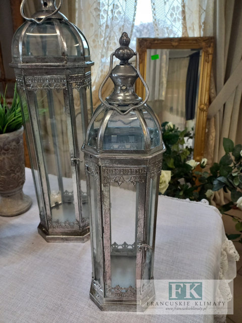 METAL + SZKŁO 55 CM LATARNIA LAMPION SREBRO METAL + SZKŁO 55 CM LATARNIA LAMPION SREBRO