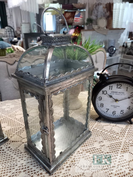 METAL + SZKŁO 44 CM LATARNIA LAMPION SREBRO antyczne