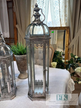 METAL + SZKŁO 70 CM LATARNIA LAMPION SREBRO