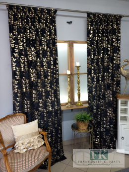 KOMPLET ZASŁON ZASŁONA , ZASŁONY 140/250 VELLUR , WELWET VELVET - PLUSZ CZERŃ LIŚCIE ZŁOTE