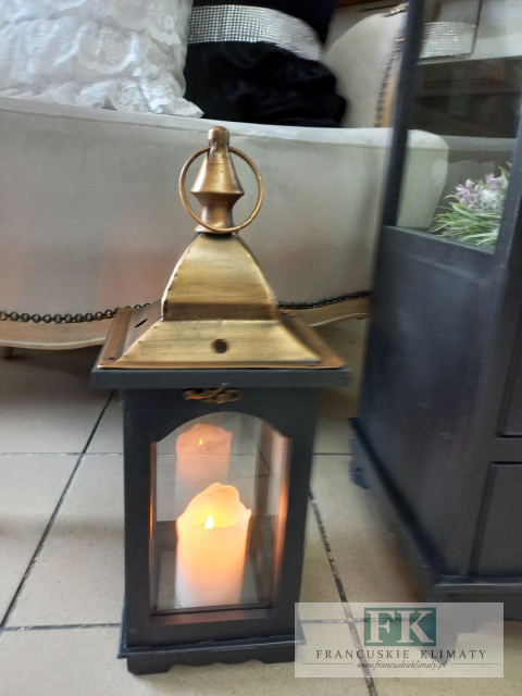 LATARNIA LAMPION 46 CM DREWNO METAL SZKŁO